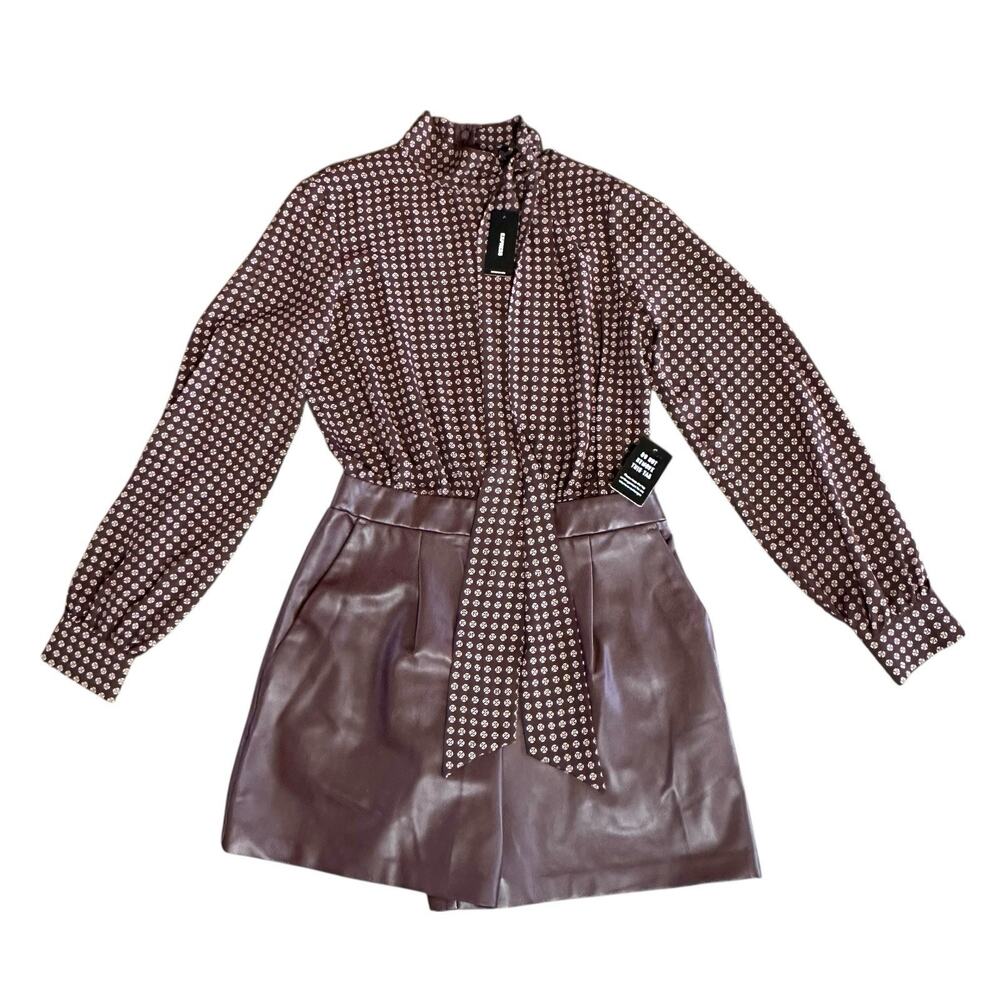 NEW Express Printed Brown Faux Leather Tie Neck Long Sleeve Romper Size XS $98